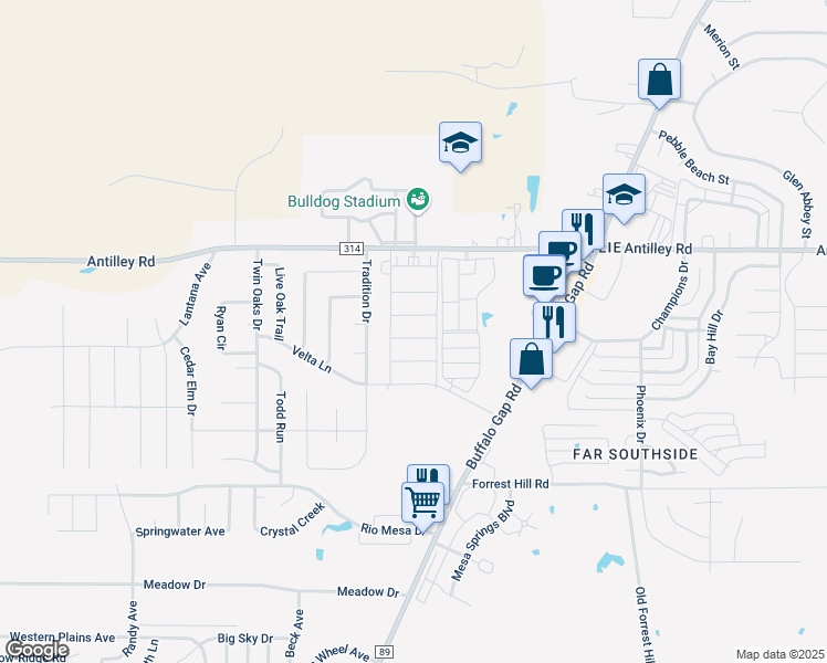 map of restaurants, bars, coffee shops, grocery stores, and more near 4502 Seals Lane in Abilene