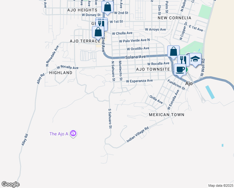 map of restaurants, bars, coffee shops, grocery stores, and more near 867 West Green Mesquite Way in Ajo