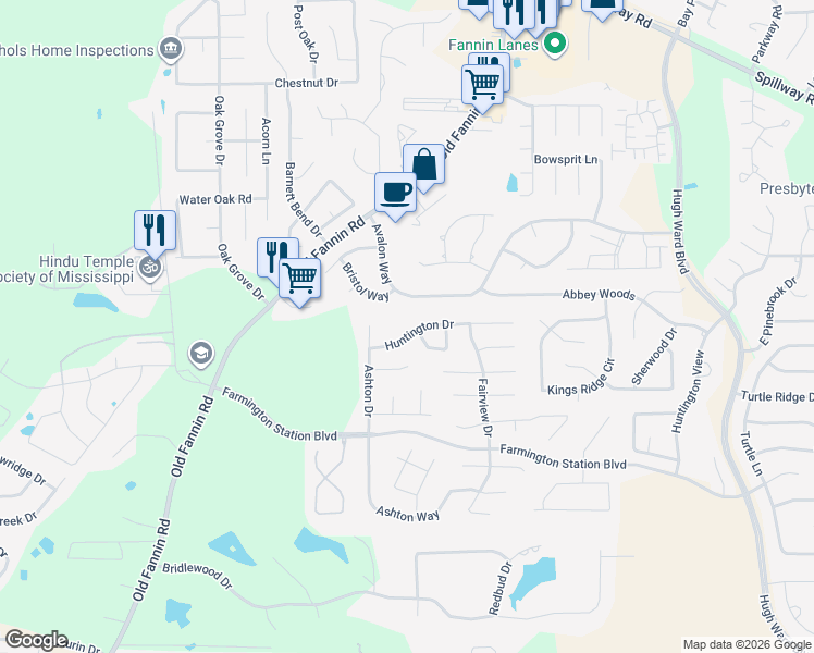map of restaurants, bars, coffee shops, grocery stores, and more near 610 Huntington Drive in Brandon