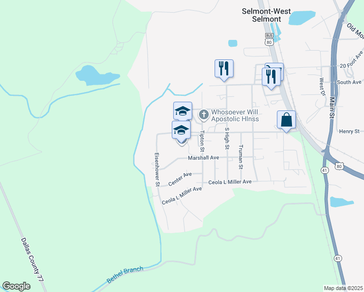map of restaurants, bars, coffee shops, grocery stores, and more near 2500 Tipton Street in Selma
