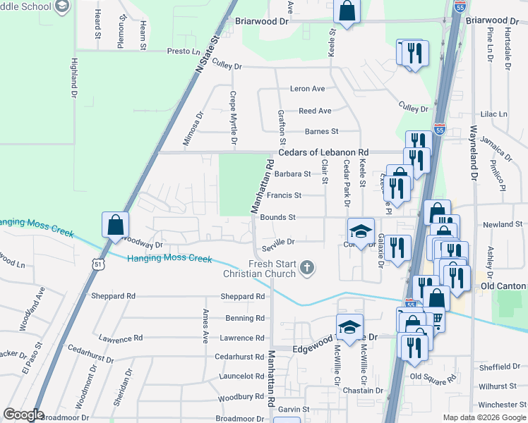 map of restaurants, bars, coffee shops, grocery stores, and more near 310 Bounds Street in Jackson