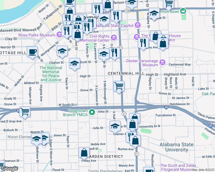 map of restaurants, bars, coffee shops, grocery stores, and more near 555 South McDonough Street in Montgomery