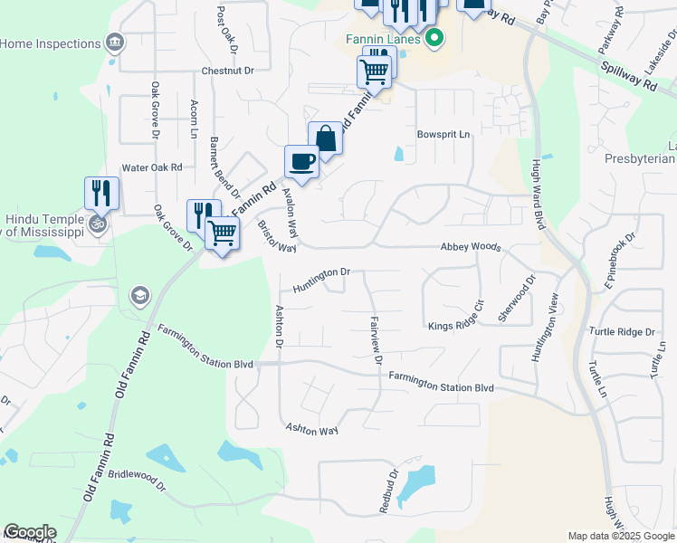map of restaurants, bars, coffee shops, grocery stores, and more near 623 Huntington Drive in Brandon