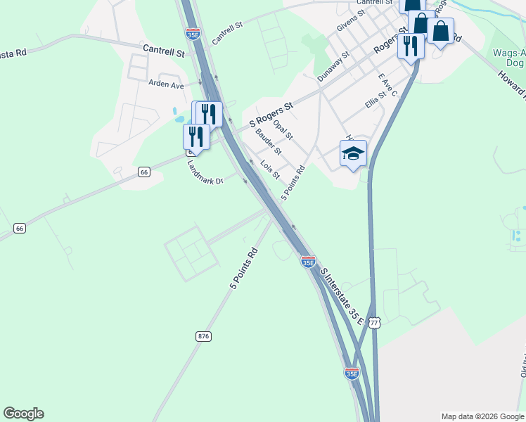 map of restaurants, bars, coffee shops, grocery stores, and more near 3480 South Interstate 35 East Service Road in Waxahachie