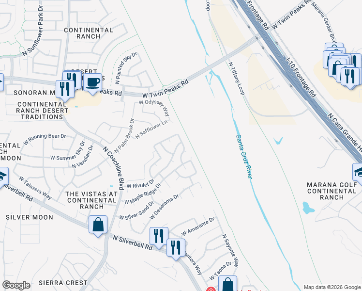 map of restaurants, bars, coffee shops, grocery stores, and more near 8995 North Lawndale Drive in Tucson