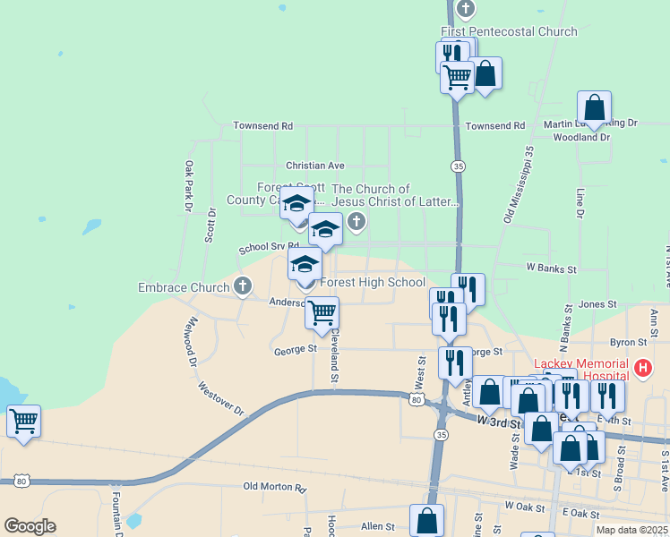 map of restaurants, bars, coffee shops, grocery stores, and more near 513 Cleveland Street in Forest