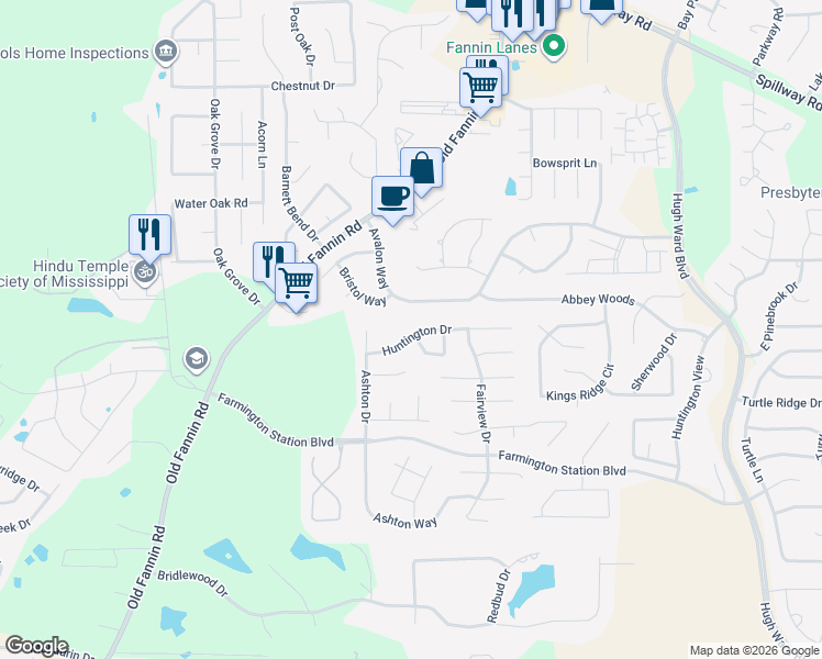 map of restaurants, bars, coffee shops, grocery stores, and more near 610 Huntington Drive in Brandon