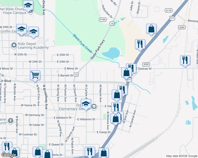 map of restaurants, bars, coffee shops, grocery stores, and more near 2010 North Haynie Avenue in Tyler