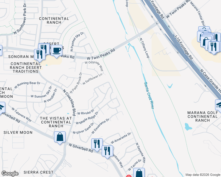 map of restaurants, bars, coffee shops, grocery stores, and more near 8995 North Lawndale Drive in Tucson