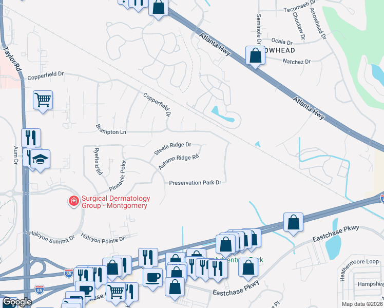 map of restaurants, bars, coffee shops, grocery stores, and more near 1256 Autumn Ridge Road in Montgomery