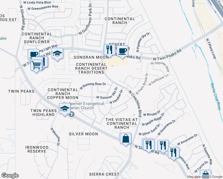 map of restaurants, bars, coffee shops, grocery stores, and more near 9030 North Yellow Moon Drive in Tucson