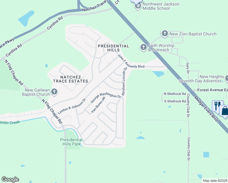 map of restaurants, bars, coffee shops, grocery stores, and more near 6616 George Washington Drive in Jackson