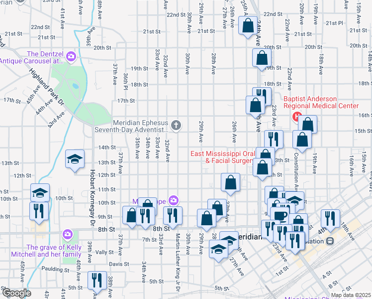 map of restaurants, bars, coffee shops, grocery stores, and more near 1327 30th Avenue in Meridian
