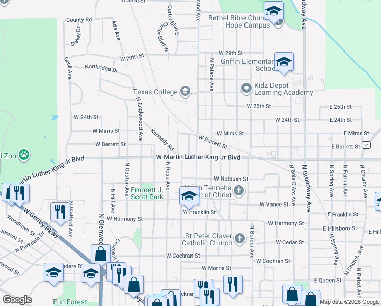 map of restaurants, bars, coffee shops, grocery stores, and more near 1923 North Grand Avenue in Tyler