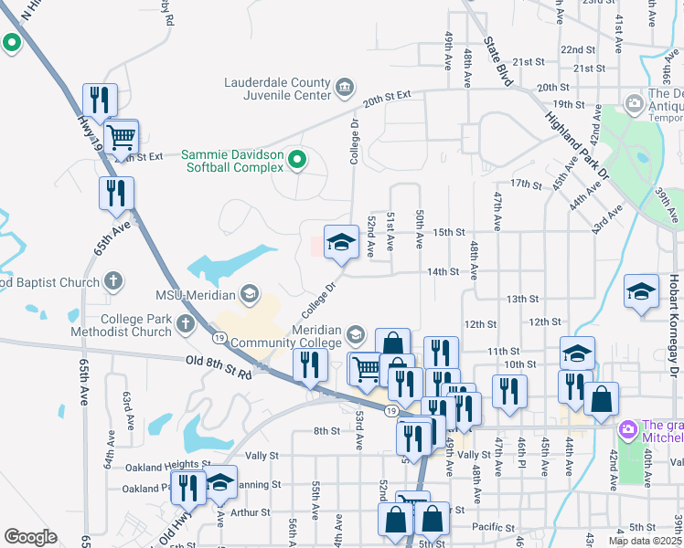 map of restaurants, bars, coffee shops, grocery stores, and more near 1401 College Drive in Meridian