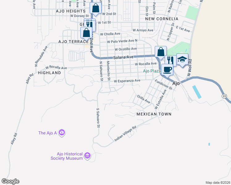 map of restaurants, bars, coffee shops, grocery stores, and more near 721 West Green Mesquite Way in Ajo