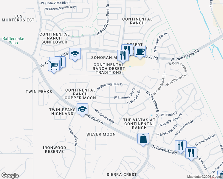 map of restaurants, bars, coffee shops, grocery stores, and more near 8995 North Silver Moon Way in Tucson
