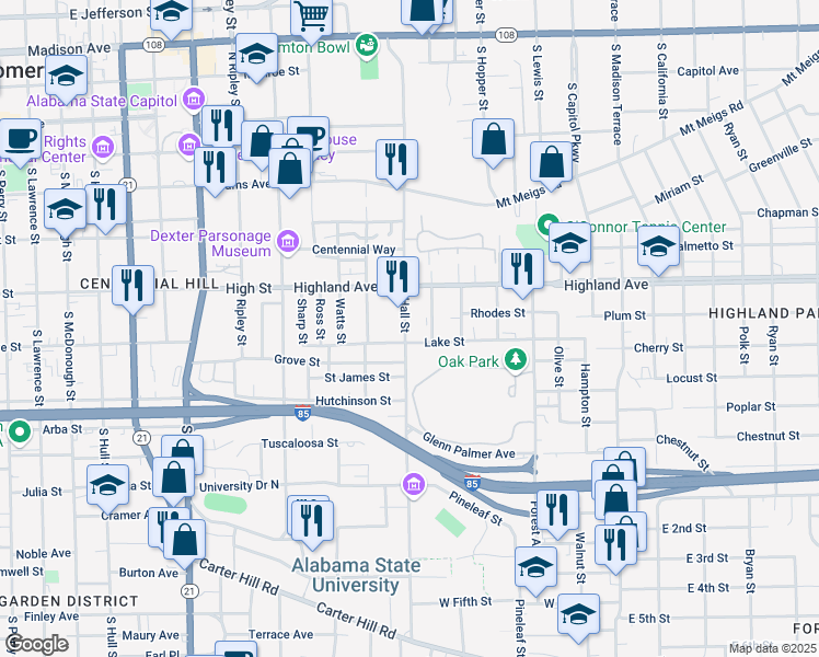 map of restaurants, bars, coffee shops, grocery stores, and more near 700 Hall Street in Montgomery