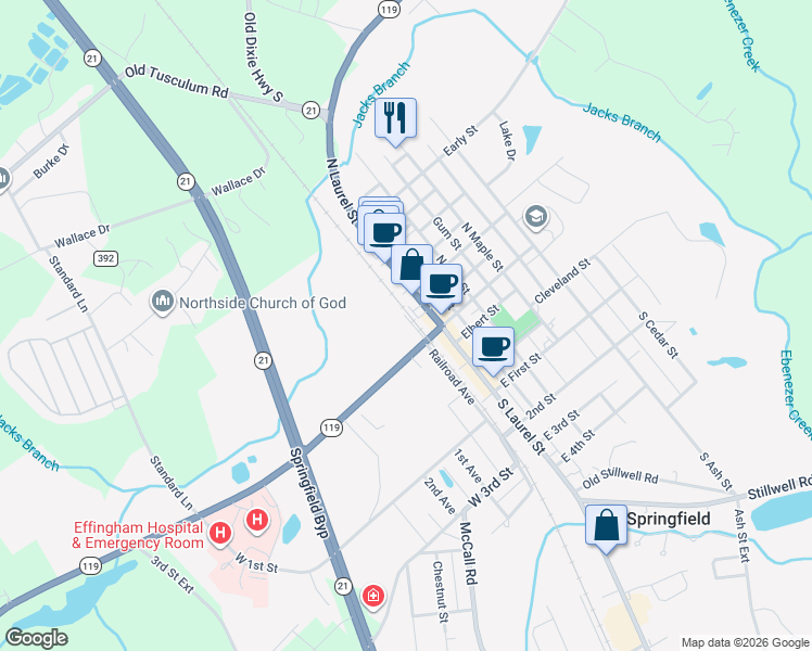 map of restaurants, bars, coffee shops, grocery stores, and more near 502 Railroad Avenue in Springfield