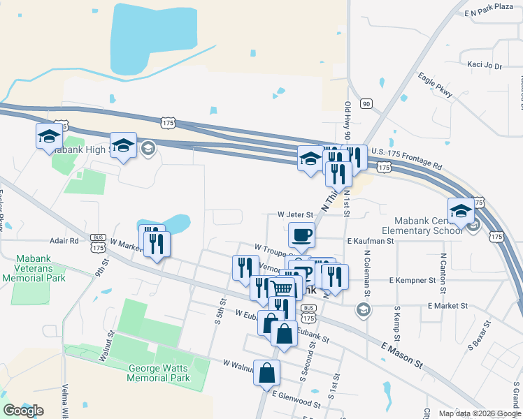 map of restaurants, bars, coffee shops, grocery stores, and more near 304 West Jeter Street in Mabank
