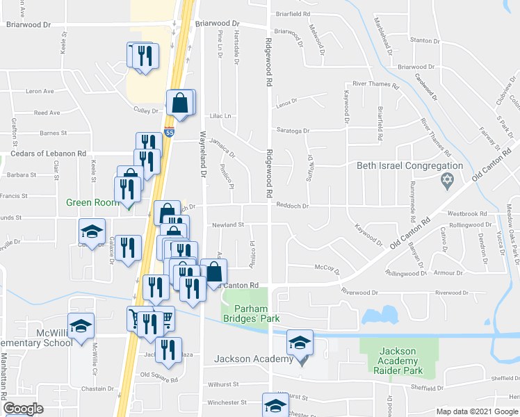map of restaurants, bars, coffee shops, grocery stores, and more near 731 Reddoch Drive in Jackson