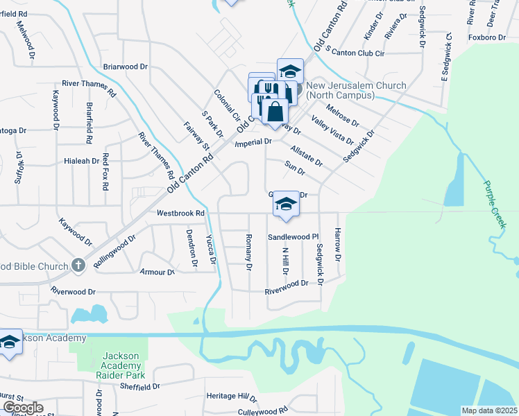 map of restaurants, bars, coffee shops, grocery stores, and more near 5235 Sunnyvale Drive in Jackson