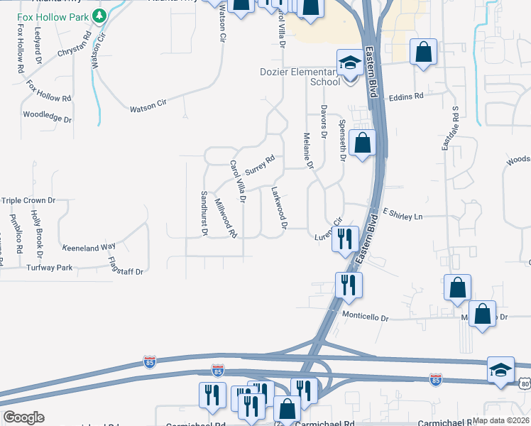 map of restaurants, bars, coffee shops, grocery stores, and more near 542 Larkwood Drive in Montgomery