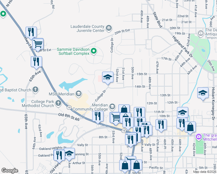 map of restaurants, bars, coffee shops, grocery stores, and more near 1401 College Drive in Meridian