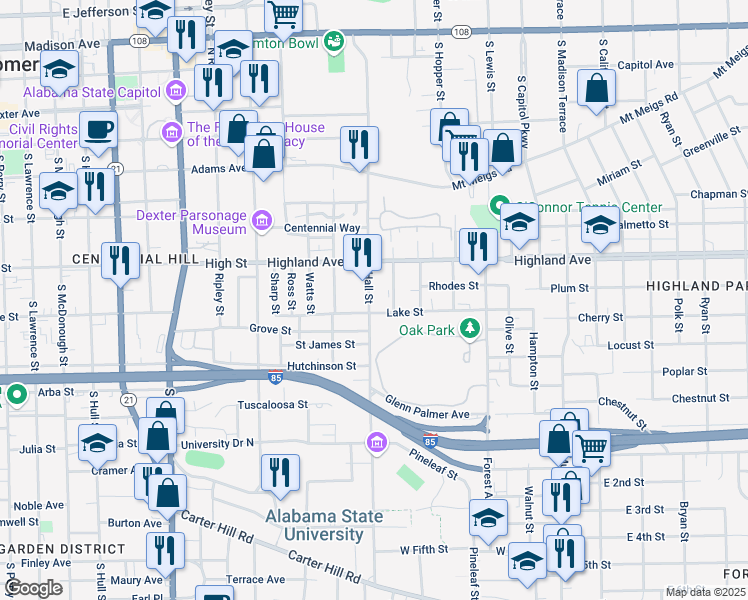 map of restaurants, bars, coffee shops, grocery stores, and more near 700 Hall Street in Montgomery