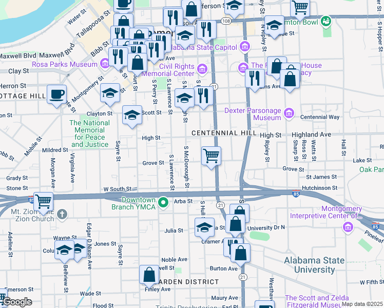 map of restaurants, bars, coffee shops, grocery stores, and more near 602 South Hull Street in Montgomery
