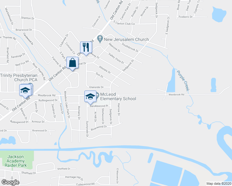 map of restaurants, bars, coffee shops, grocery stores, and more near 5235 Harrow Drive in Jackson