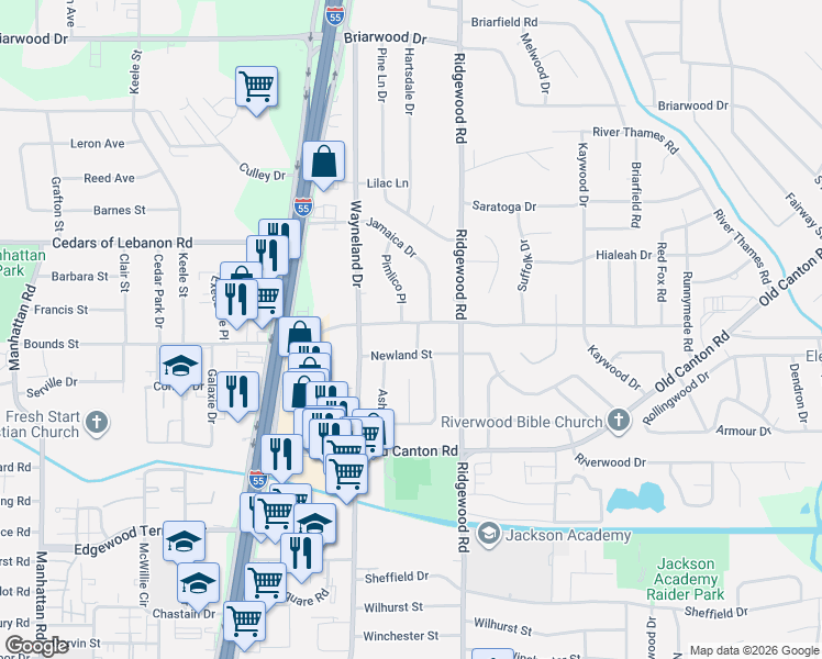 map of restaurants, bars, coffee shops, grocery stores, and more near 662 Newland Street in Jackson