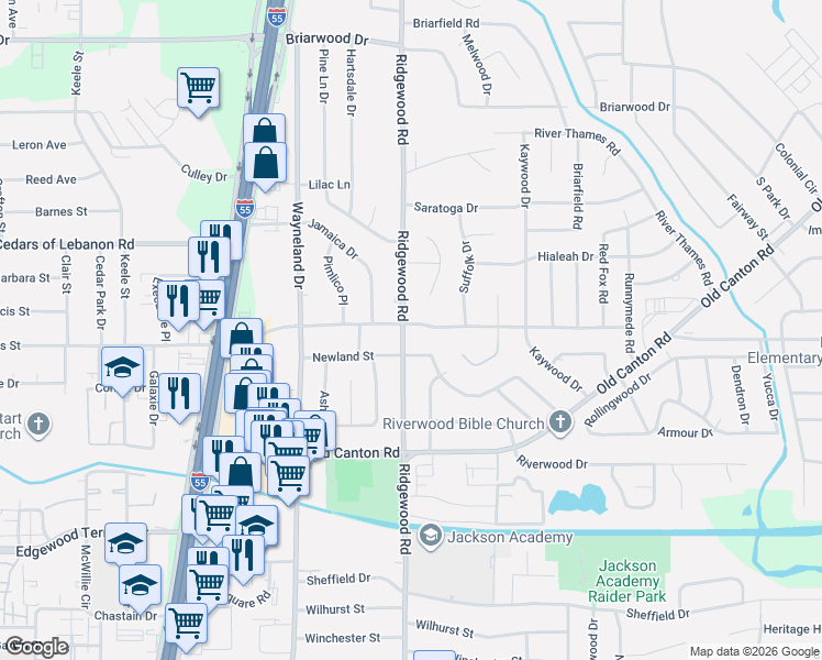 map of restaurants, bars, coffee shops, grocery stores, and more near 818 Newland Street in Jackson