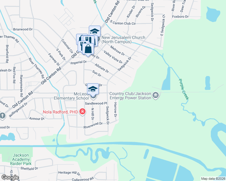 map of restaurants, bars, coffee shops, grocery stores, and more near 5235 Harrow Drive in Jackson