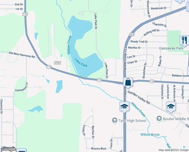 map of restaurants, bars, coffee shops, grocery stores, and more near 2358 Highway 110 in Tyler