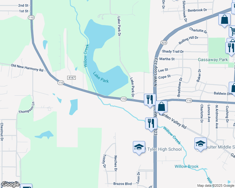map of restaurants, bars, coffee shops, grocery stores, and more near 2358 State Highway 110 N in Tyler