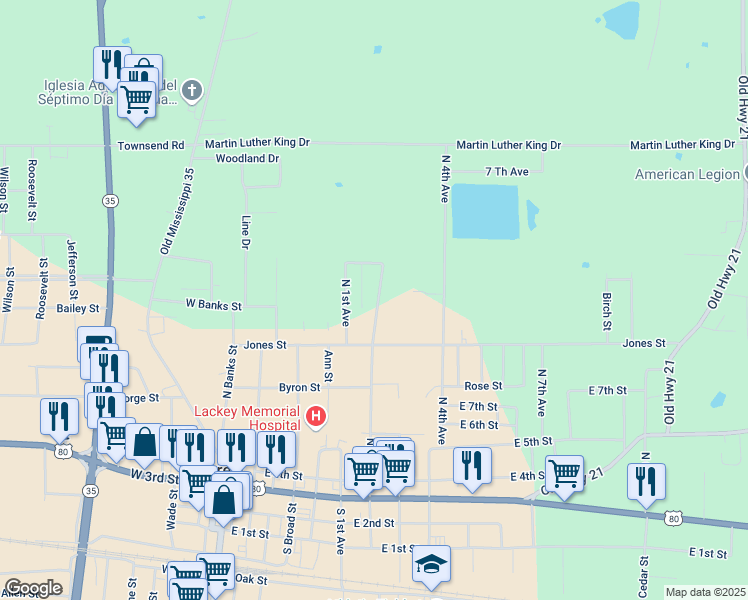 map of restaurants, bars, coffee shops, grocery stores, and more near 657 North 2nd Avenue in Forest