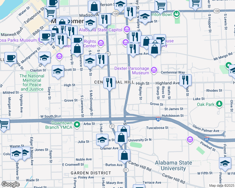 map of restaurants, bars, coffee shops, grocery stores, and more near 525 South Bainbridge Street in Montgomery