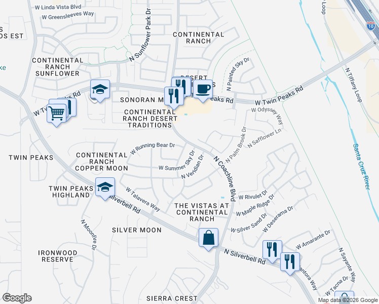 map of restaurants, bars, coffee shops, grocery stores, and more near 7512 West Summer Sky Drive in Tucson
