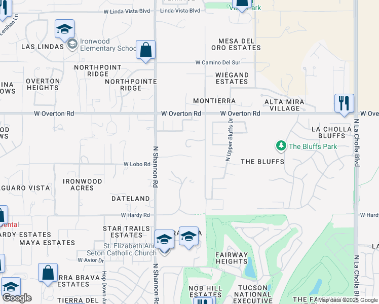 map of restaurants, bars, coffee shops, grocery stores, and more near 9001 North Camino del Fierro in Tucson