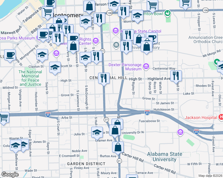 map of restaurants, bars, coffee shops, grocery stores, and more near 525 South Bainbridge Street in Montgomery