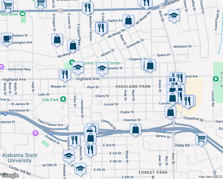 map of restaurants, bars, coffee shops, grocery stores, and more near 2115 Plum Street in Montgomery