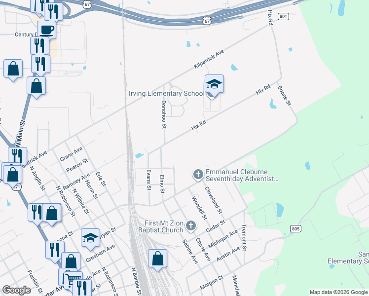 map of restaurants, bars, coffee shops, grocery stores, and more near 208 Hix Road in Cleburne