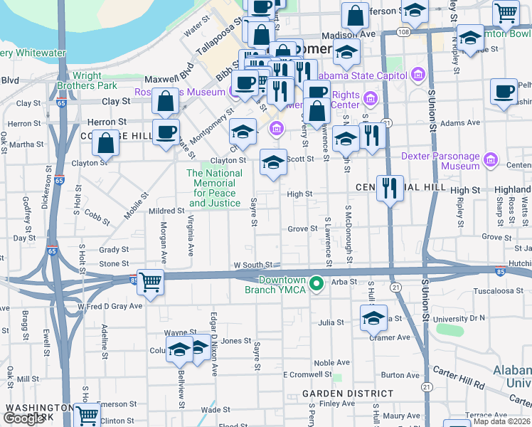 map of restaurants, bars, coffee shops, grocery stores, and more near 17 Mildred Street in Montgomery