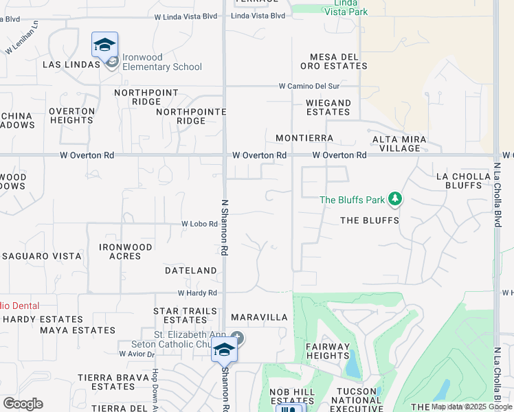 map of restaurants, bars, coffee shops, grocery stores, and more near 9080 North Shannon Road in Tucson