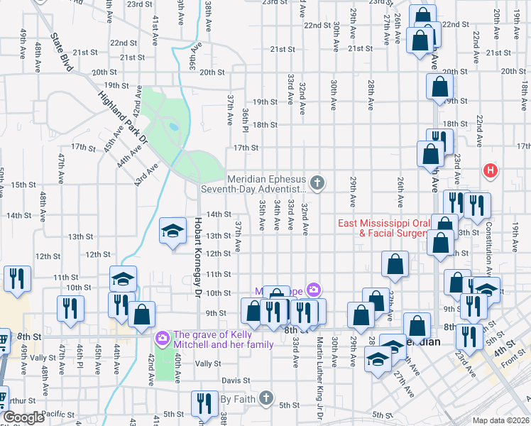 map of restaurants, bars, coffee shops, grocery stores, and more near 1326 35th Avenue in Meridian
