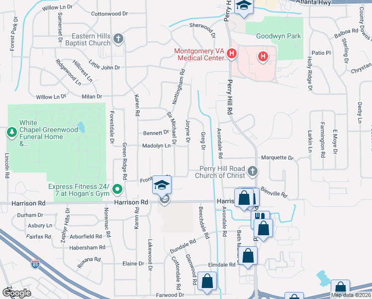 map of restaurants, bars, coffee shops, grocery stores, and more near 742 Joryne Drive in Montgomery