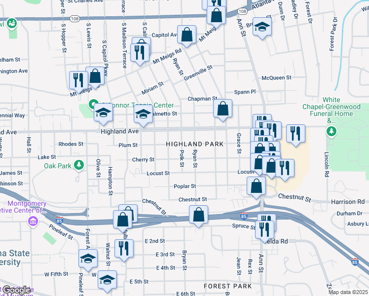 map of restaurants, bars, coffee shops, grocery stores, and more near 2223 Plum Street in Montgomery
