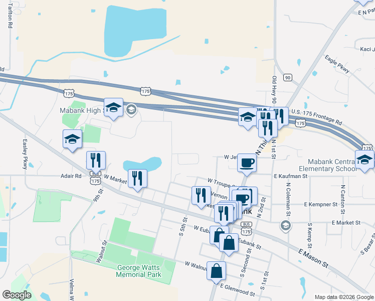 map of restaurants, bars, coffee shops, grocery stores, and more near 304 West Jeter Street in Mabank