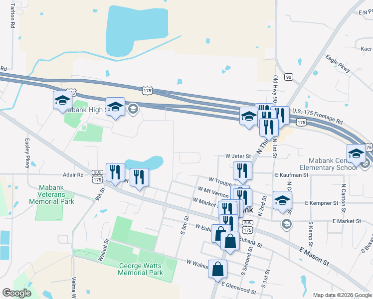 map of restaurants, bars, coffee shops, grocery stores, and more near 304 West Jeter Street in Mabank
